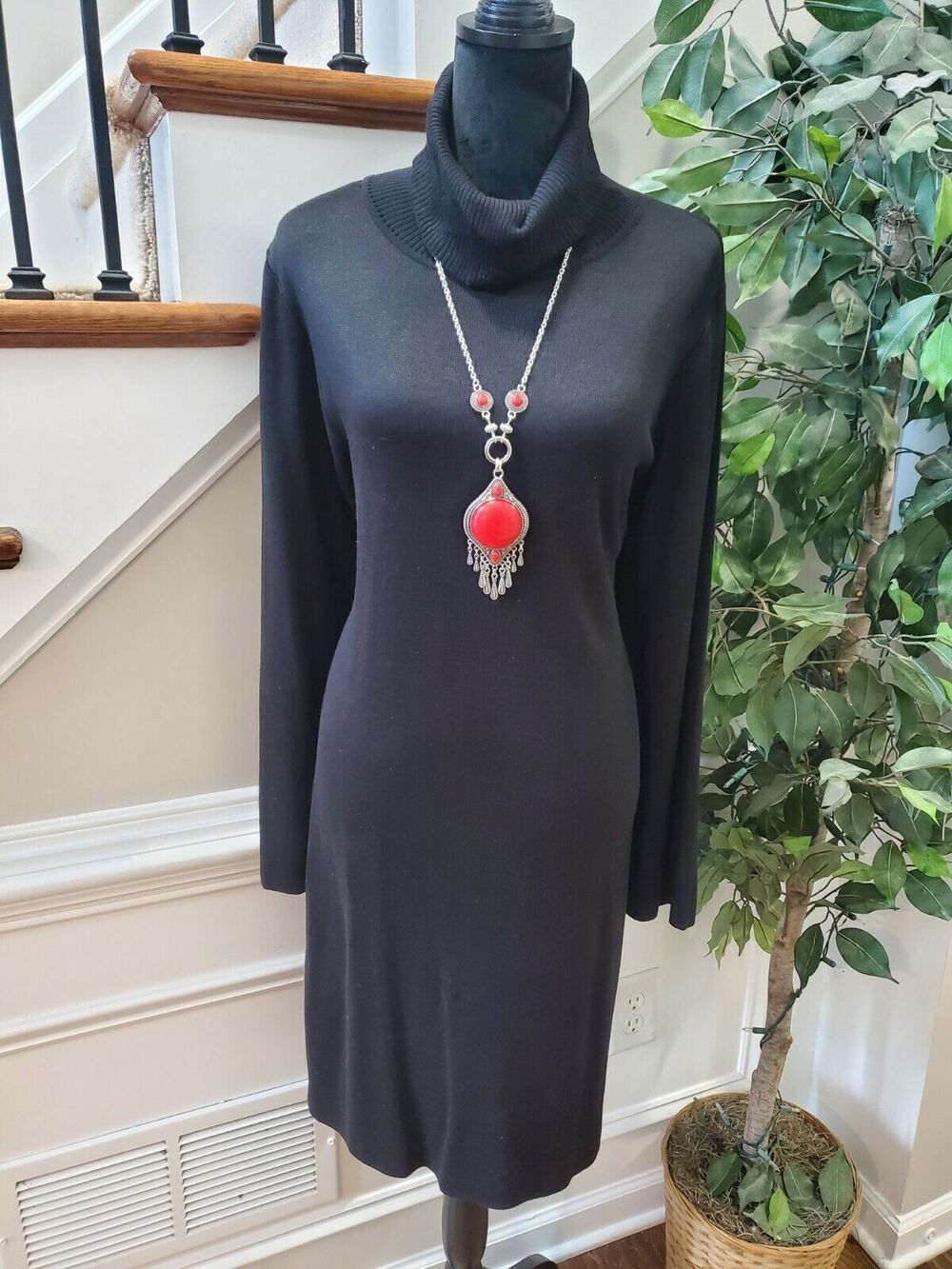 MISOOK Women Black Acrylic Turtleneck Long Sleeve Knee Length Dress Size 1X